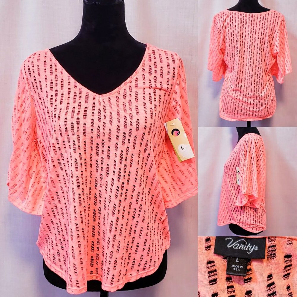 🆕Vanity Distressed Eyelet Hot Salmon Top size L
